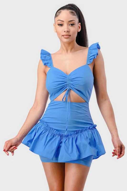 Sweetheart With Drawstring Bow Cutout Ruffled Flutter Sleeves Mini Dress - AV Fashion’s
