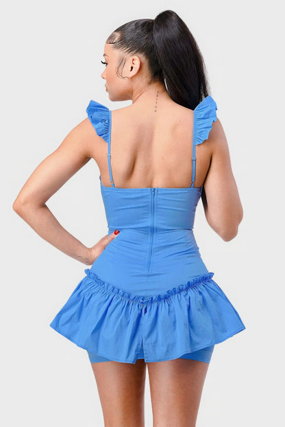 Sweetheart With Drawstring Bow Cutout Ruffled Flutter Sleeves Mini Dress - AV Fashion’s