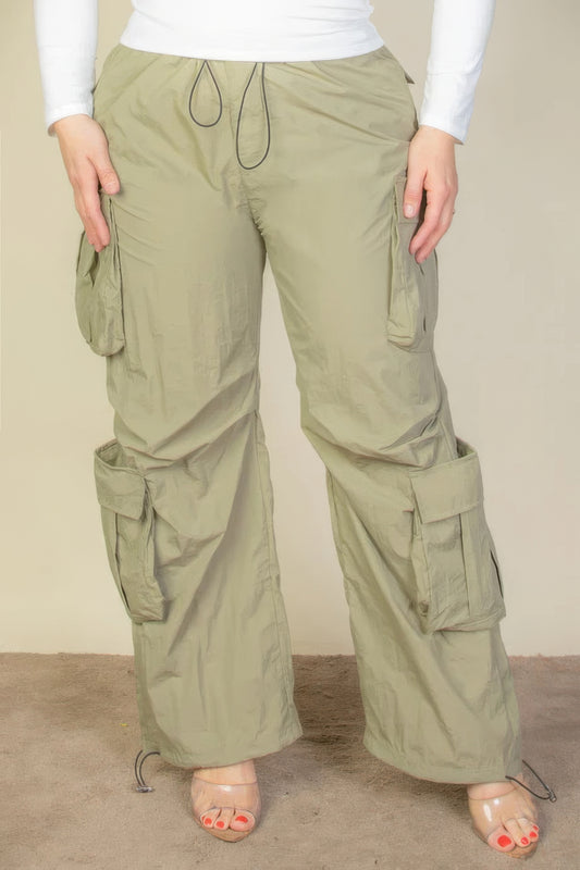 Plus Size Flap Pockets Drawstring Ruched Parachute Pants - AV Fashion’s