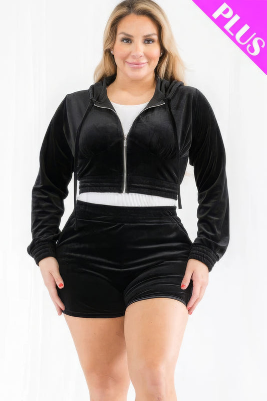 Plus Size Velour Crop Zip Up Hoodie And Shorts Set - AV Fashion’s