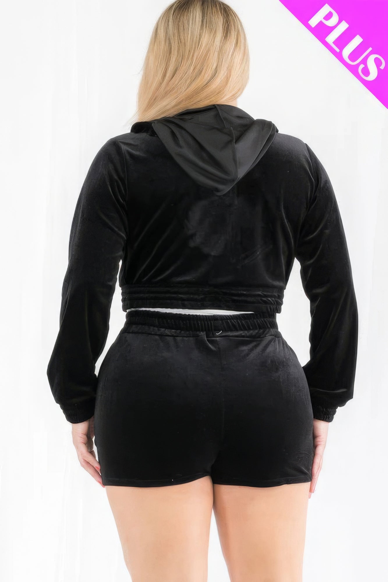 Plus Size Velour Crop Zip Up Hoodie And Shorts Set - AV Fashion’s