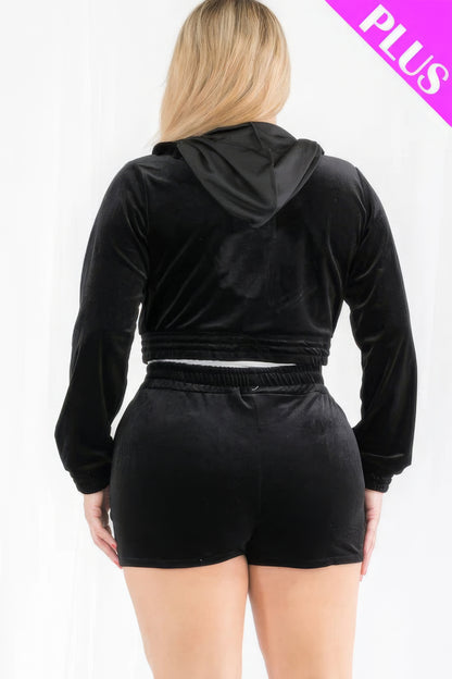 Plus Size Velour Crop Zip Up Hoodie And Shorts Set - AV Fashion’s