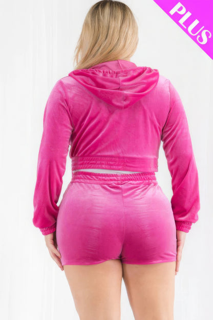 Plus Size Velour Crop Zip Up Hoodie And Shorts Set - AV Fashion’s