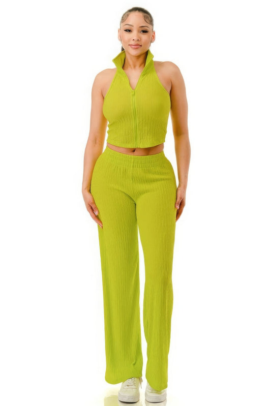 Crinkle Wide Pants Set Zipper - AV Fashion’s