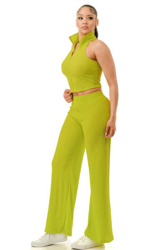Crinkle Wide Pants Set Zipper - AV Fashion’s