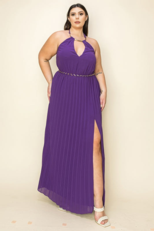 Chiffon Pleated Gold Trim Neck & Belt Cut Out Chest Maxi Dress - AV Fashion’s