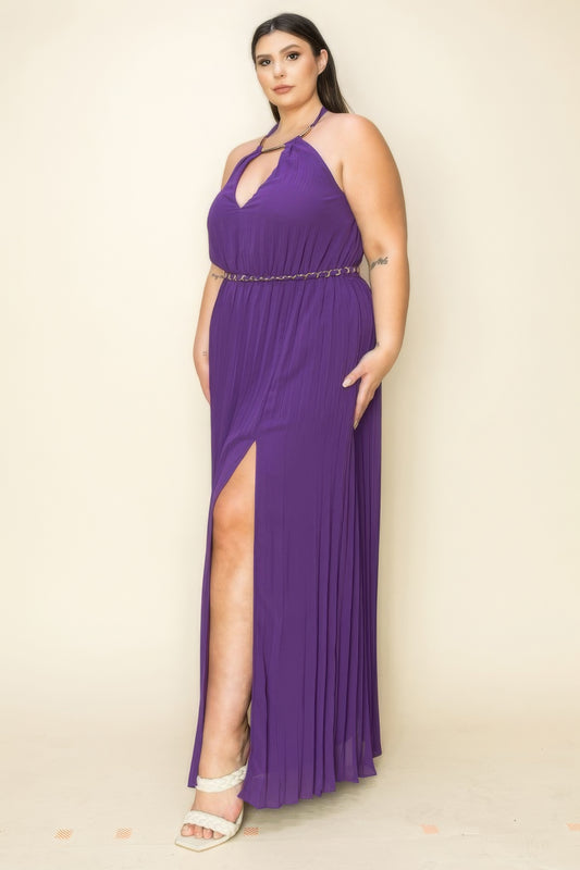 Chiffon Pleated Gold Trim Neck & Belt Cut Out Chest Maxi Dress - AV Fashion’s