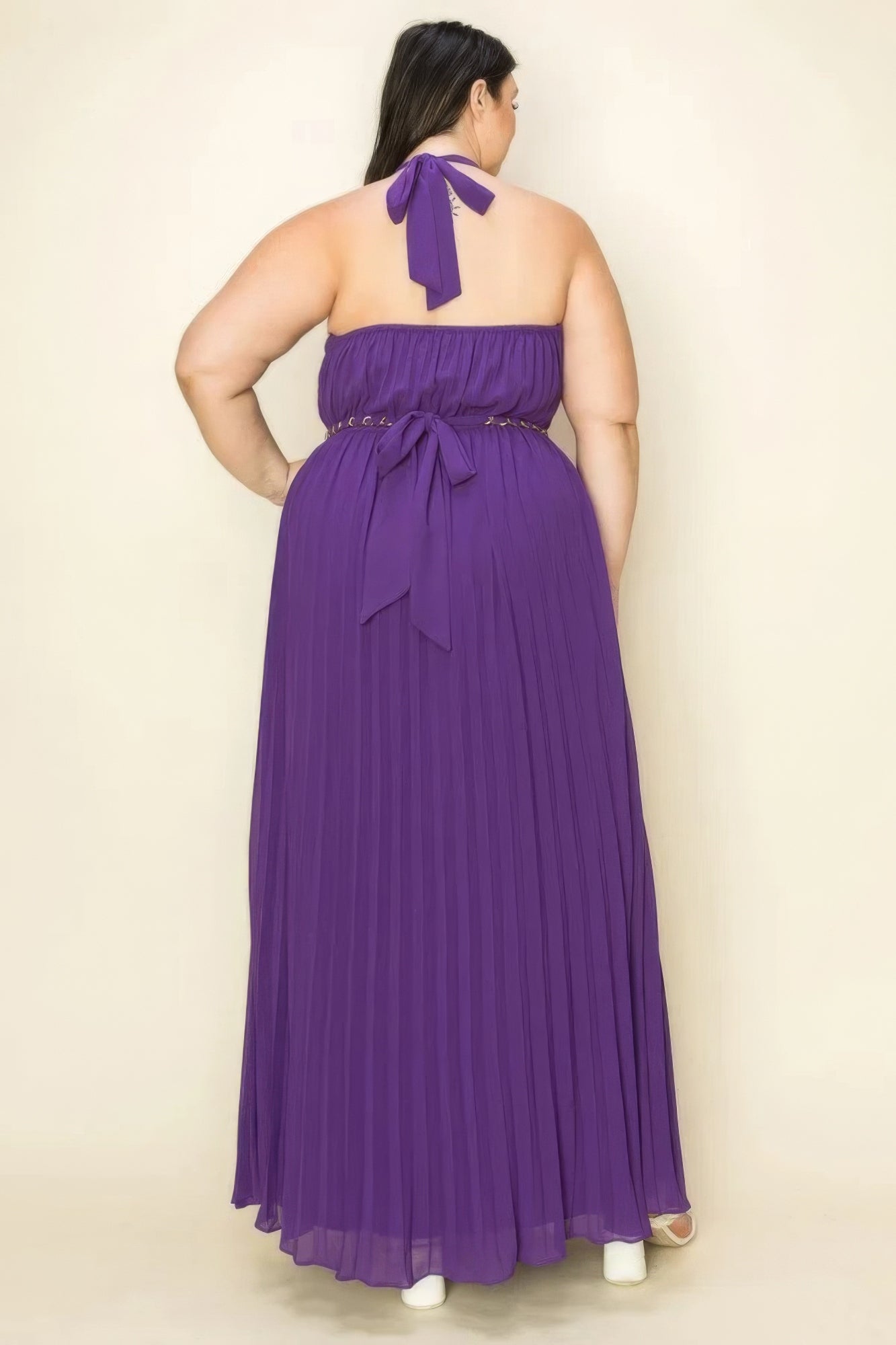 Chiffon Pleated Gold Trim Neck & Belt Cut Out Chest Maxi Dress - AV Fashion’s