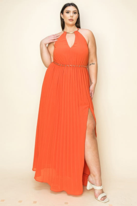 Chiffon Pleated Gold Trim Neck & Belt Cut Out Chest Maxi Dress - AV Fashion’s