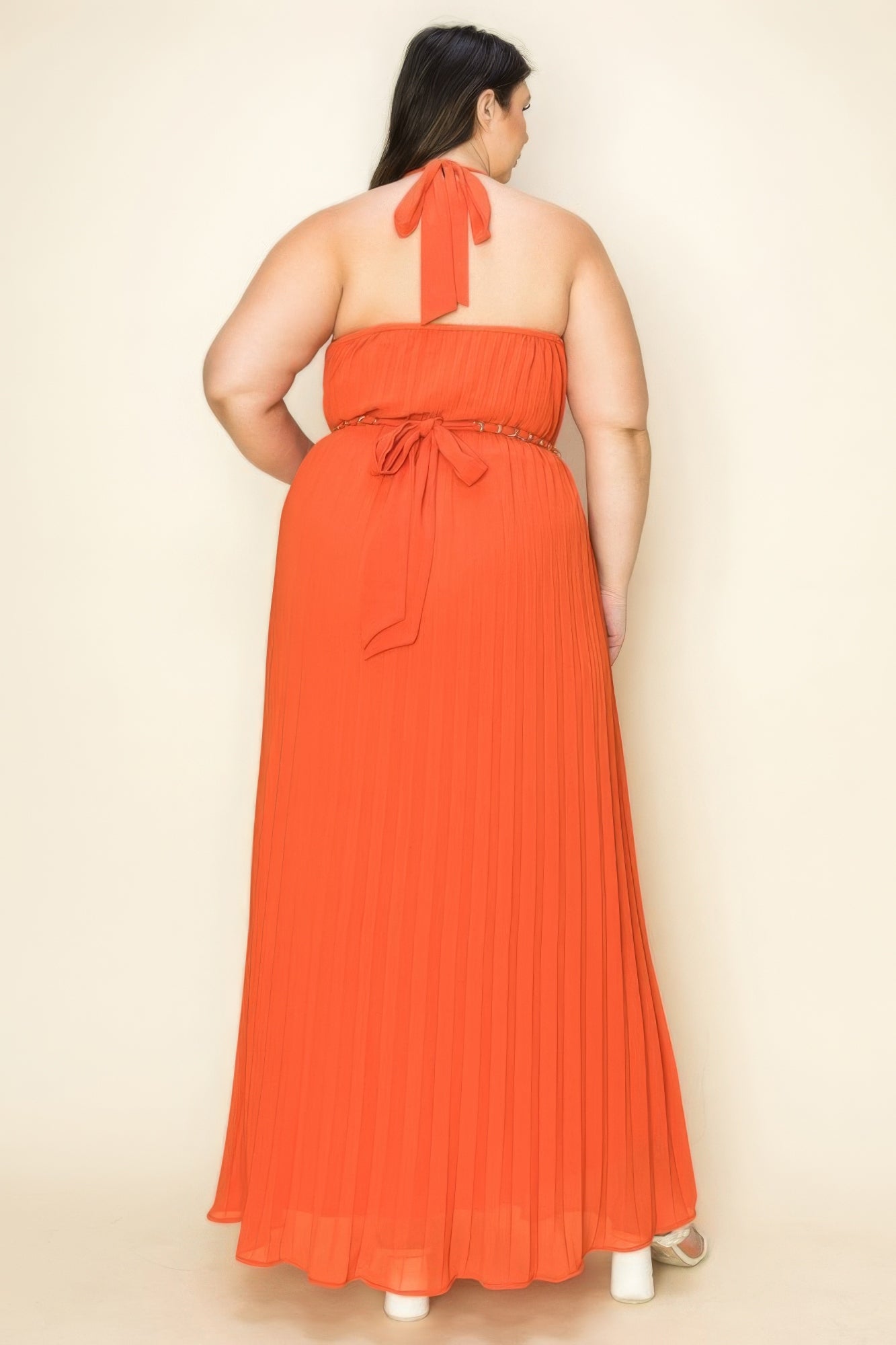 Chiffon Pleated Gold Trim Neck & Belt Cut Out Chest Maxi Dress - AV Fashion’s