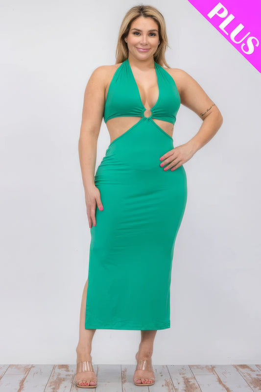 Plus Size Cut-out Halter Neck Double Back Tie Split Thigh Midi Dress - AV Fashion’s