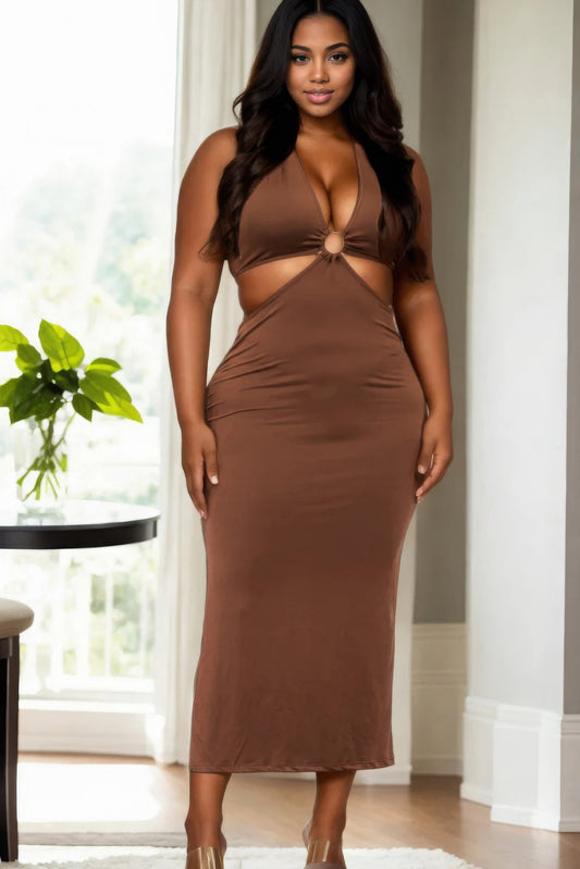 Plus Size Cut-out Halter Neck Double Back Tie Split Thigh Midi Dress - AV Fashion’s