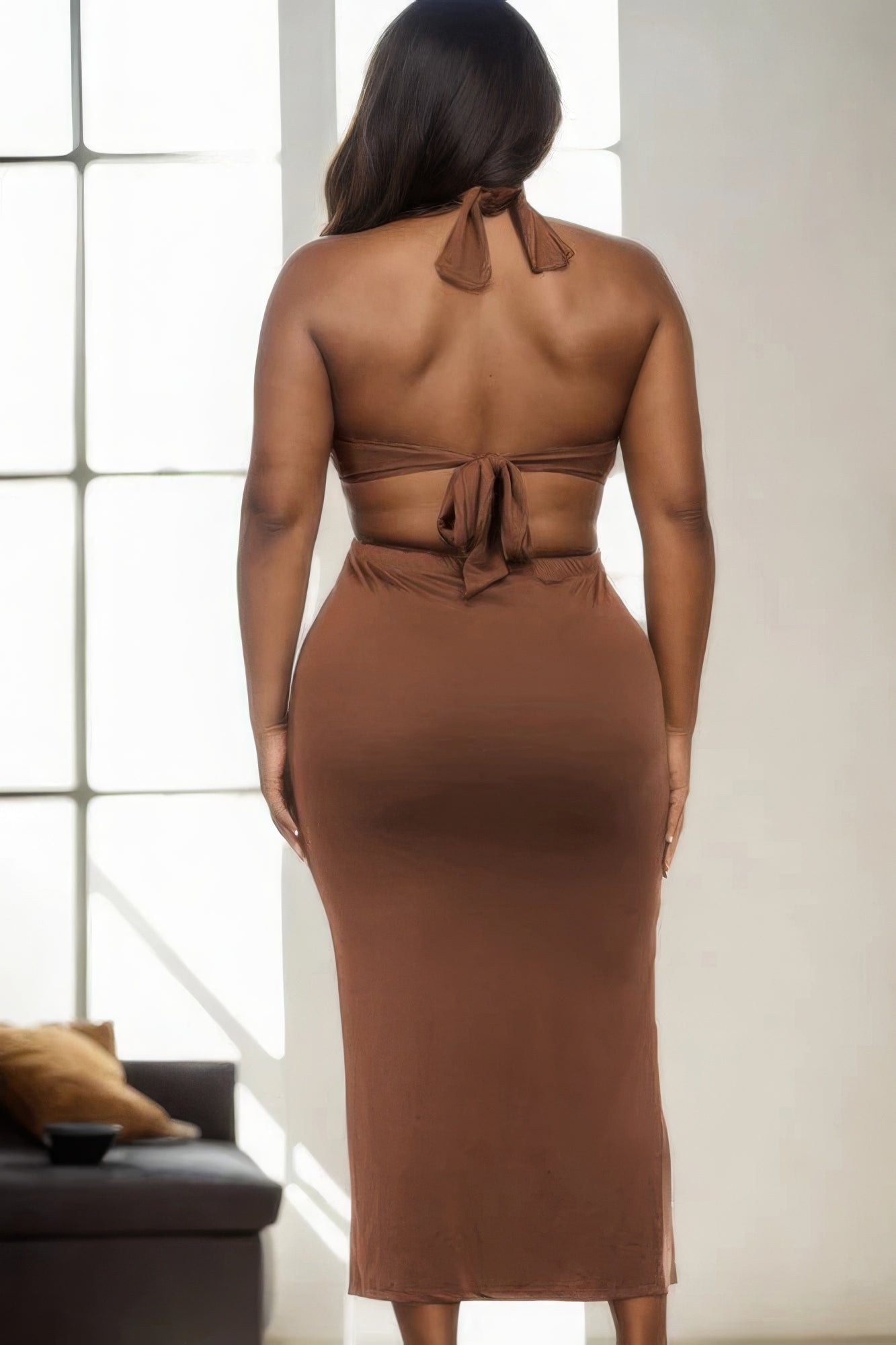 Plus Size Cut-out Halter Neck Double Back Tie Split Thigh Midi Dress - AV Fashion’s