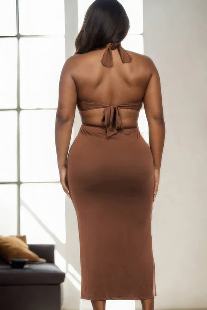 Plus Size Cut-out Halter Neck Double Back Tie Split Thigh Midi Dress - AV Fashion’s