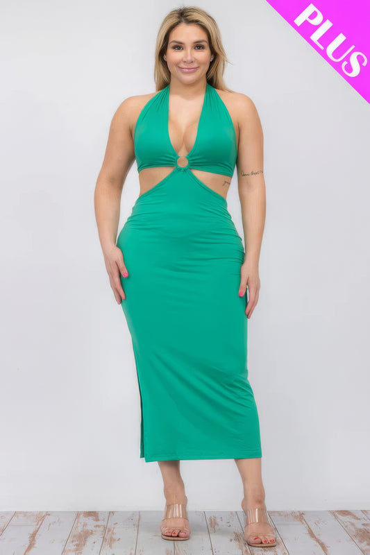 Plus Size Cut-out Halter Neck Double Back Tie Split Thigh Midi Dress - AV Fashion’s