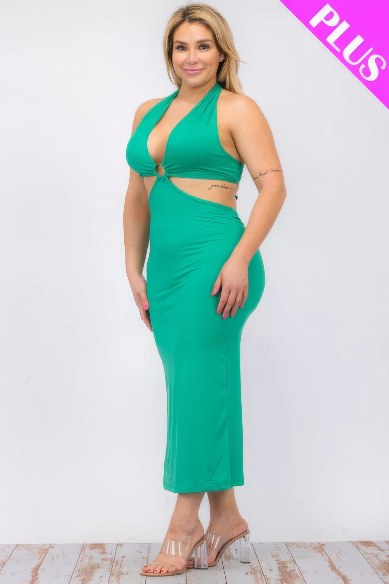 Plus Size Cut-out Halter Neck Double Back Tie Split Thigh Midi Dress - AV Fashion’s