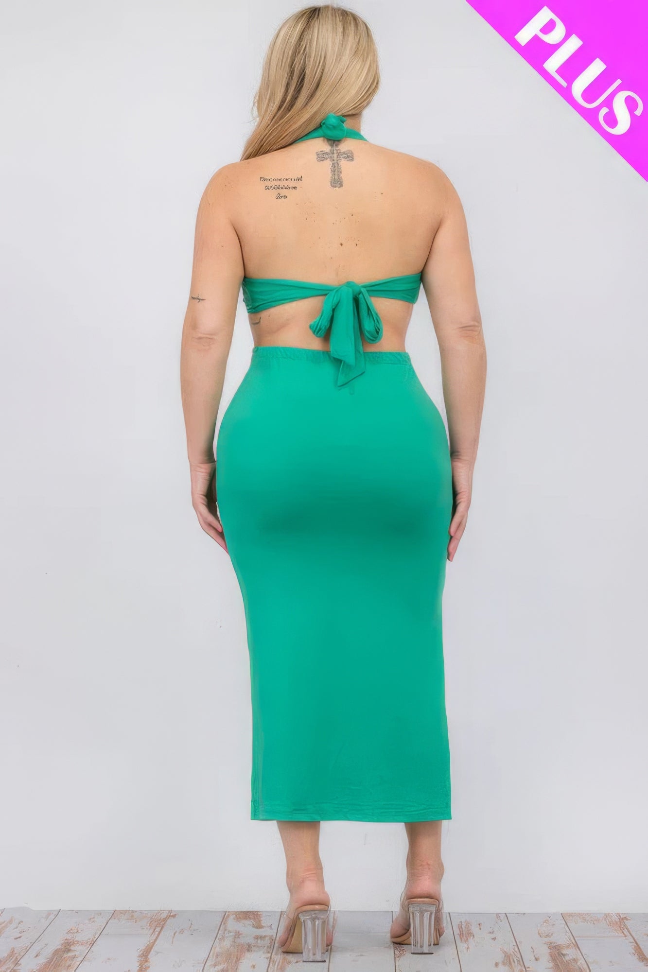 Plus Size Cut-out Halter Neck Double Back Tie Split Thigh Midi Dress - AV Fashion’s