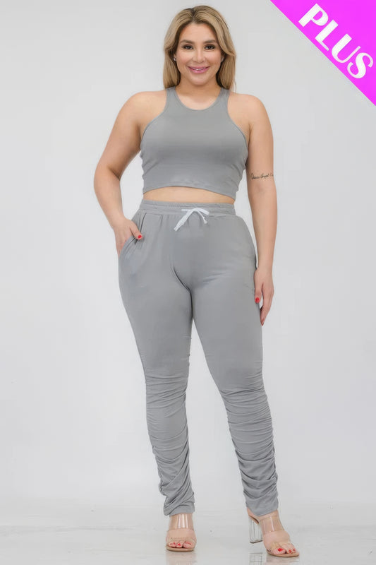Plus Size Crop Tank Top & Ruched Pants Set - AV Fashion’s