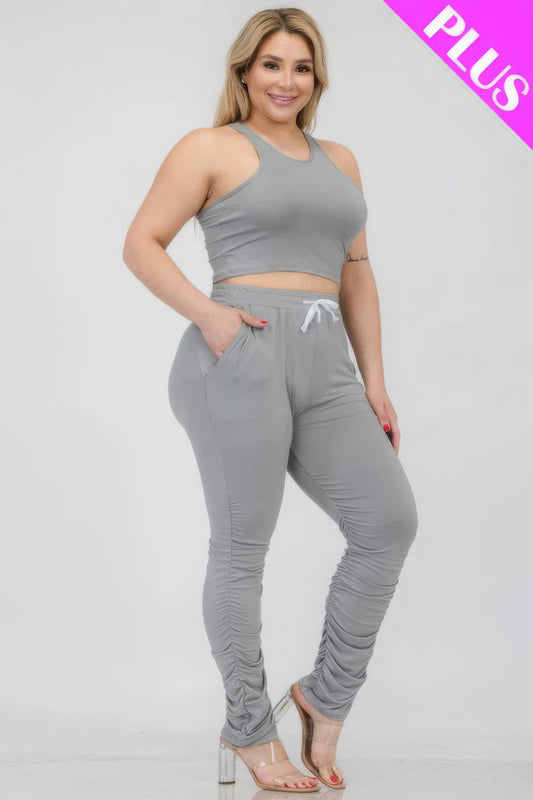 Plus Size Crop Tank Top & Ruched Pants Set - AV Fashion’s