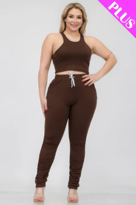Plus Size Crop Tank Top & Ruched Pants Set - AV Fashion’s