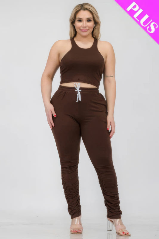 Plus Size Crop Tank Top & Ruched Pants Set - AV Fashion’s