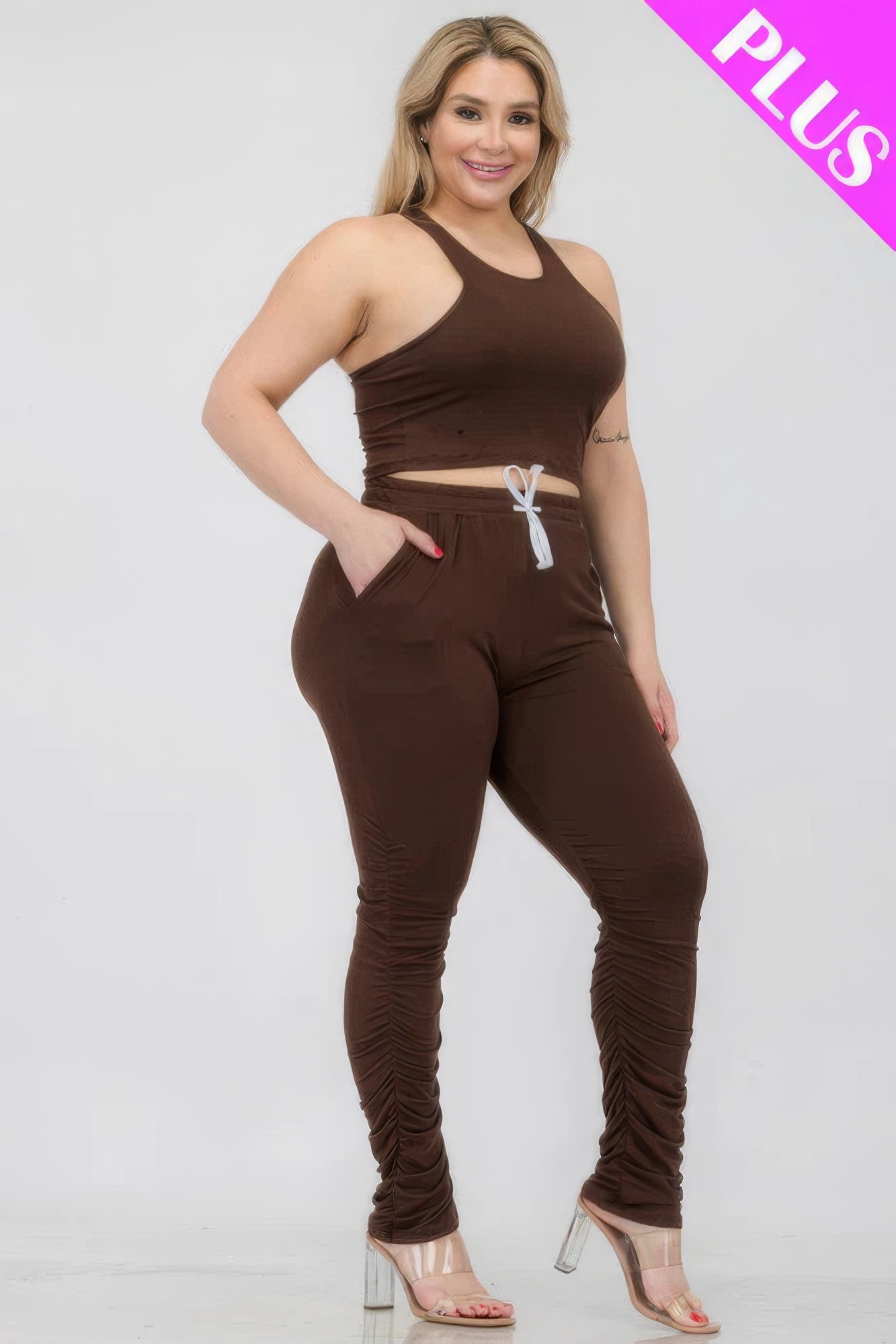 Plus Size Crop Tank Top & Ruched Pants Set - AV Fashion’s