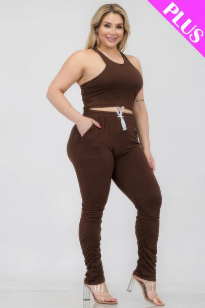 Plus Size Crop Tank Top & Ruched Pants Set - AV Fashion’s
