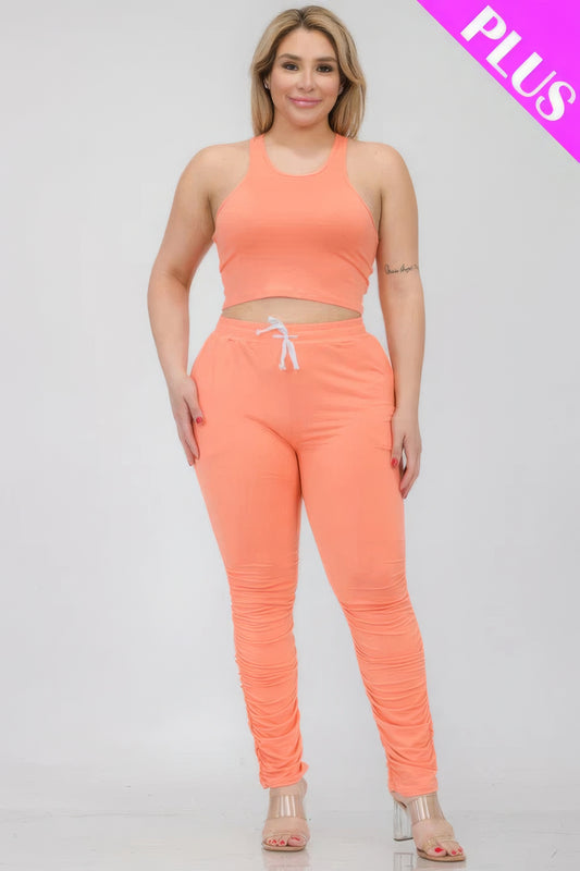 Plus Size Crop Tank Top & Ruched Pants Set - AV Fashion’s
