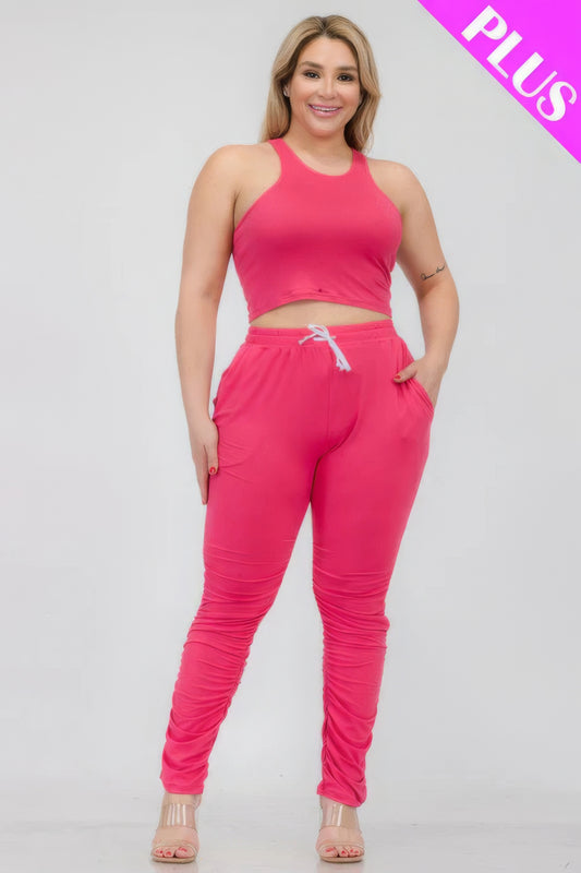 Plus Size Crop Tank Top & Ruched Pants Set - AV Fashion’s