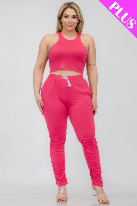 Plus Size Crop Tank Top & Ruched Pants Set - AV Fashion’s