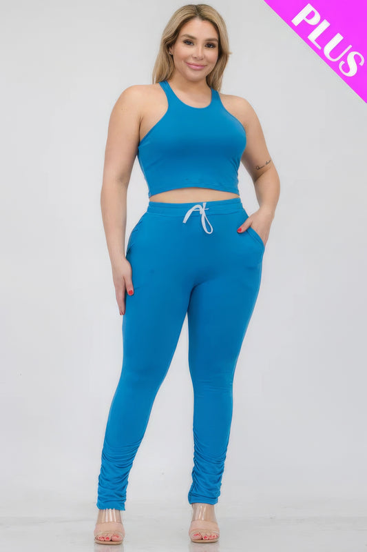 Plus Size Crop Tank Top & Ruched Pants Set - AV Fashion’s