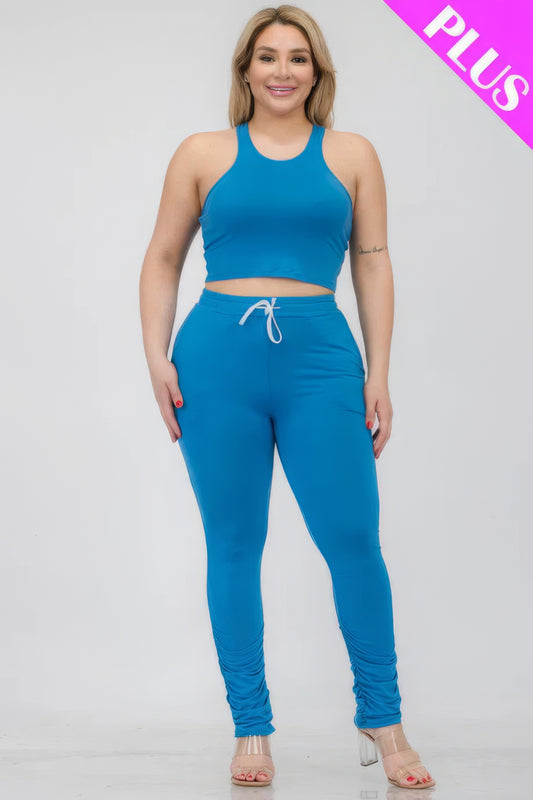 Plus Size Crop Tank Top & Ruched Pants Set - AV Fashion’s