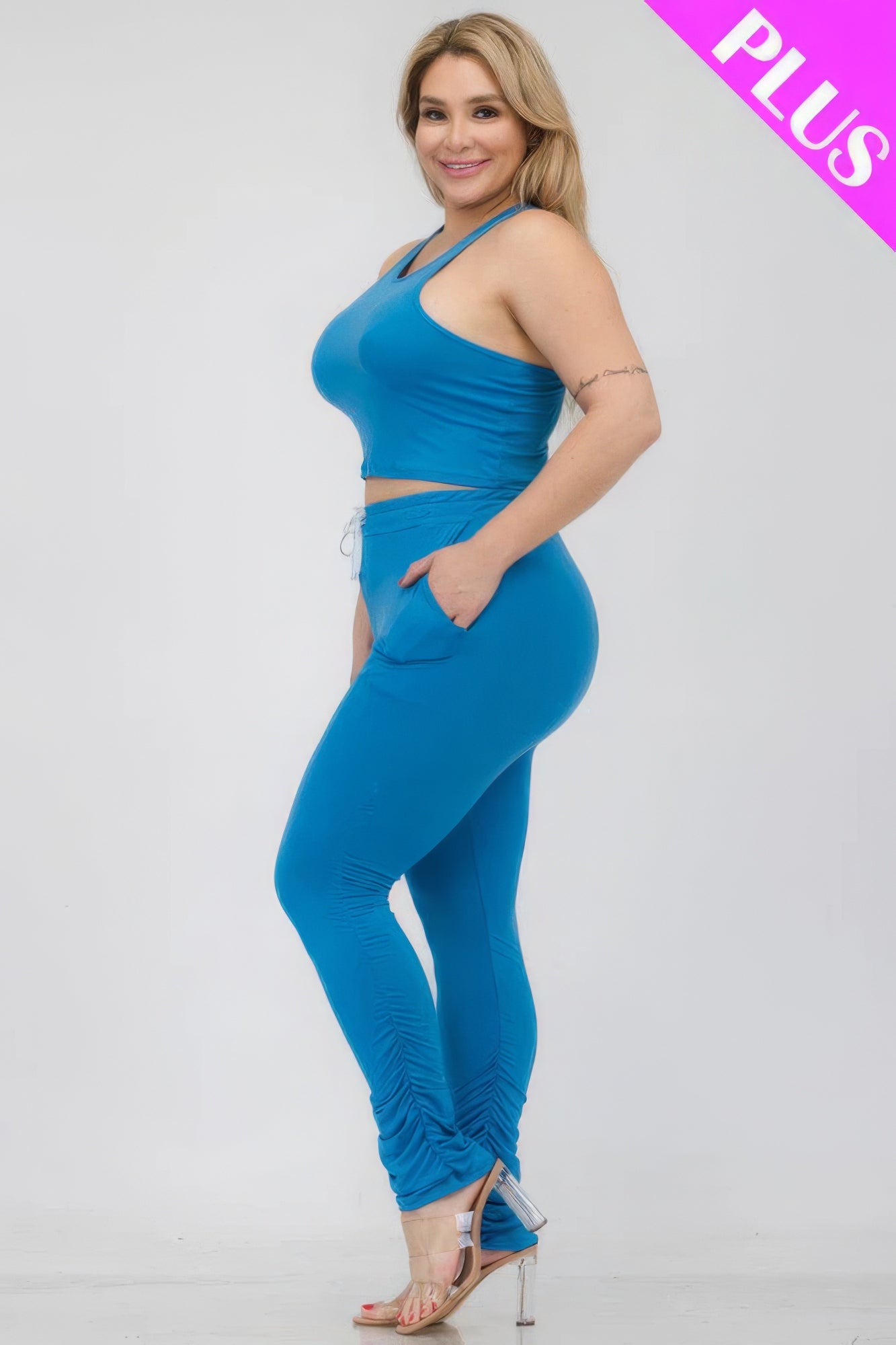 Plus Size Crop Tank Top & Ruched Pants Set - AV Fashion’s