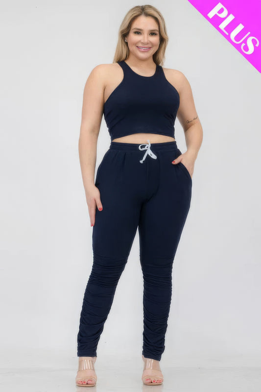 Plus Size Crop Tank Top & Ruched Pants Set - AV Fashion’s