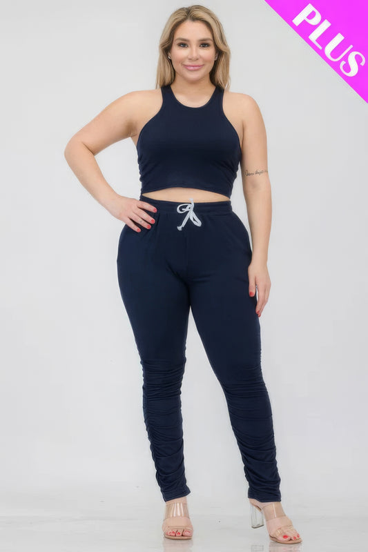 Plus Size Crop Tank Top & Ruched Pants Set - AV Fashion’s