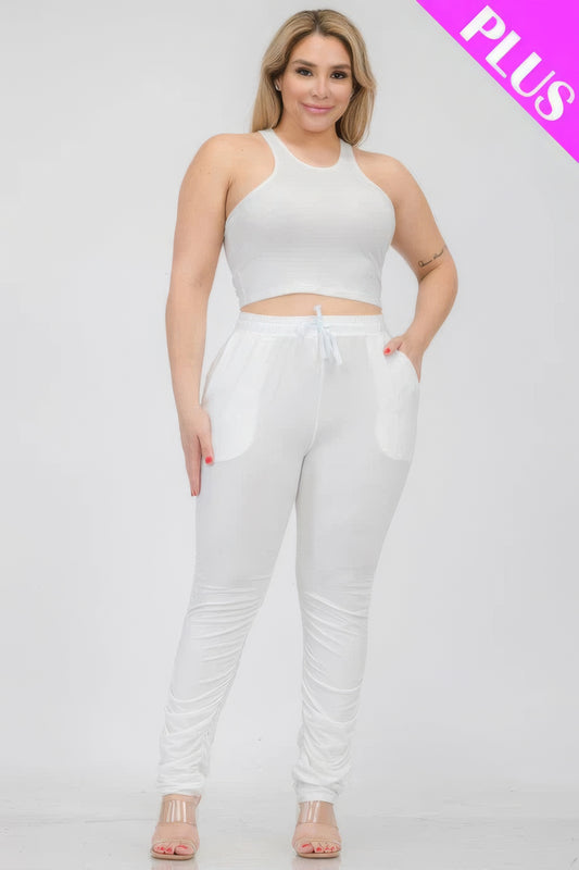 Plus Size Crop Tank Top & Ruched Pants Set - AV Fashion’s
