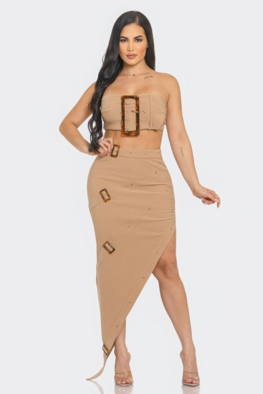 Front Eyelet Buckle Belt Top And Skirt Set - AV Fashion’s