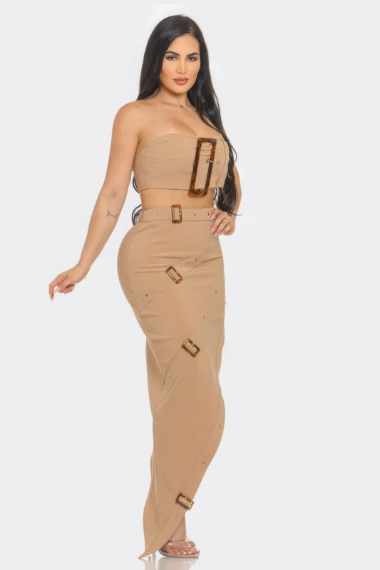 Front Eyelet Buckle Belt Top And Skirt Set - AV Fashion’s