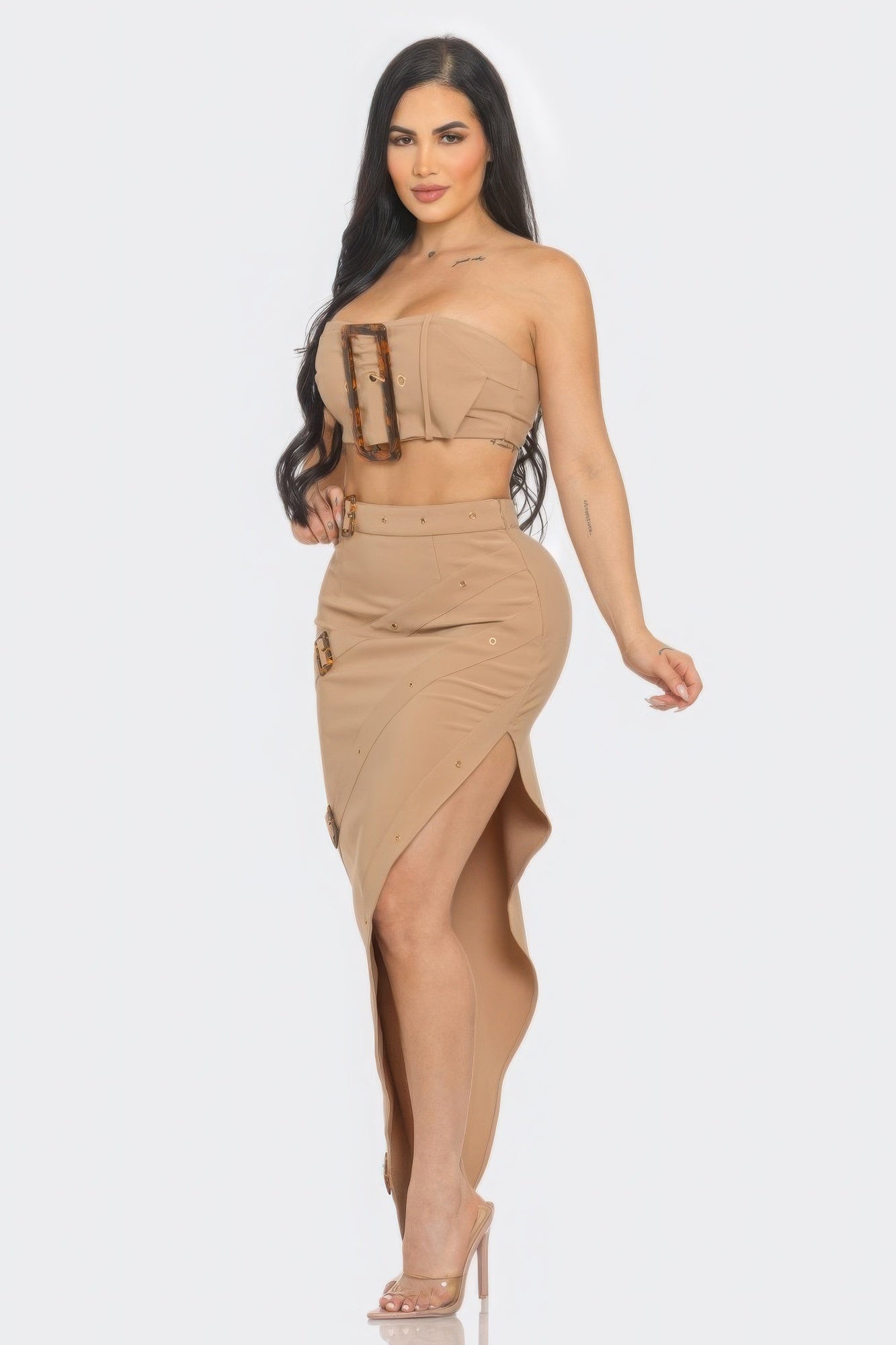 Front Eyelet Buckle Belt Top And Skirt Set - AV Fashion’s