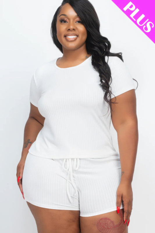 Plus Size Ribbed Short Sleeve Top&shorts Set - AV Fashion’s