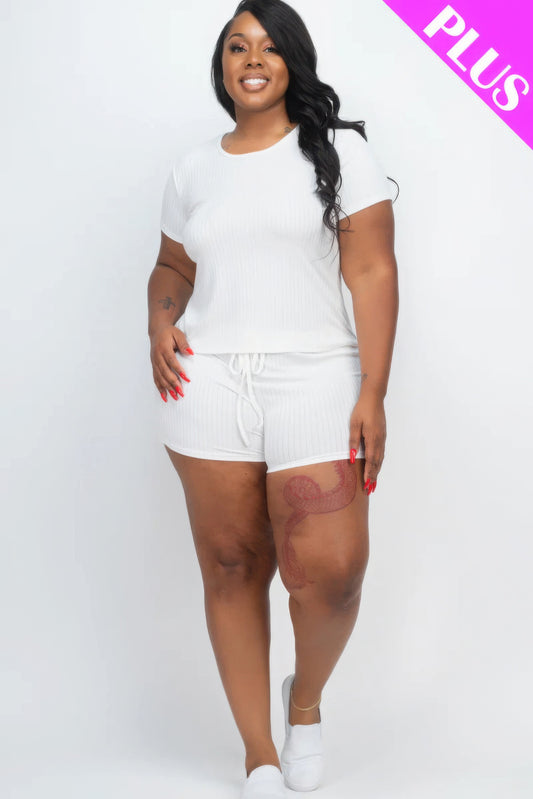Plus Size Ribbed Short Sleeve Top&shorts Set - AV Fashion’s