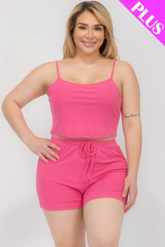 Plus Size Solid Ribbed Cami Top And Shorts Set - AV Fashion’s