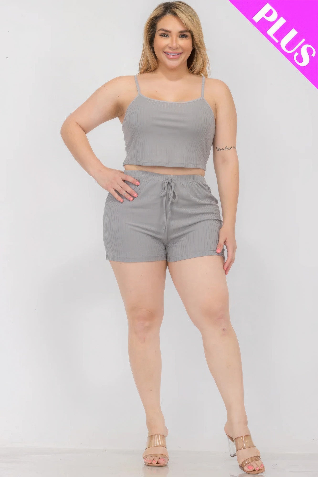 Plus Size Solid Ribbed Cami Top And Shorts Set - AV Fashion’s