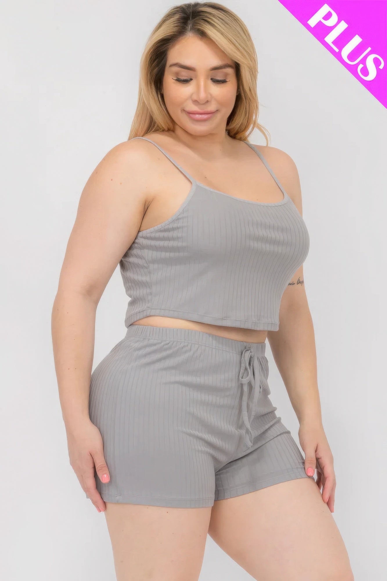 Plus Size Solid Ribbed Cami Top And Shorts Set - AV Fashion’s