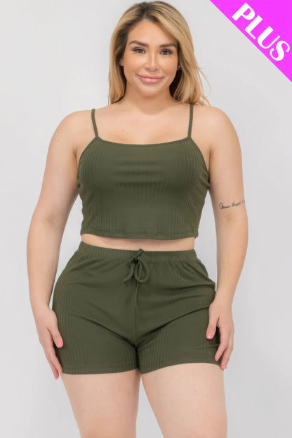 Plus Size Solid Ribbed Cami Top And Shorts Set - AV Fashion’s
