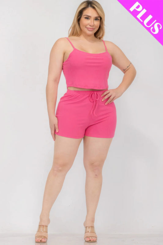 Plus Size Solid Ribbed Cami Top And Shorts Set - AV Fashion’s