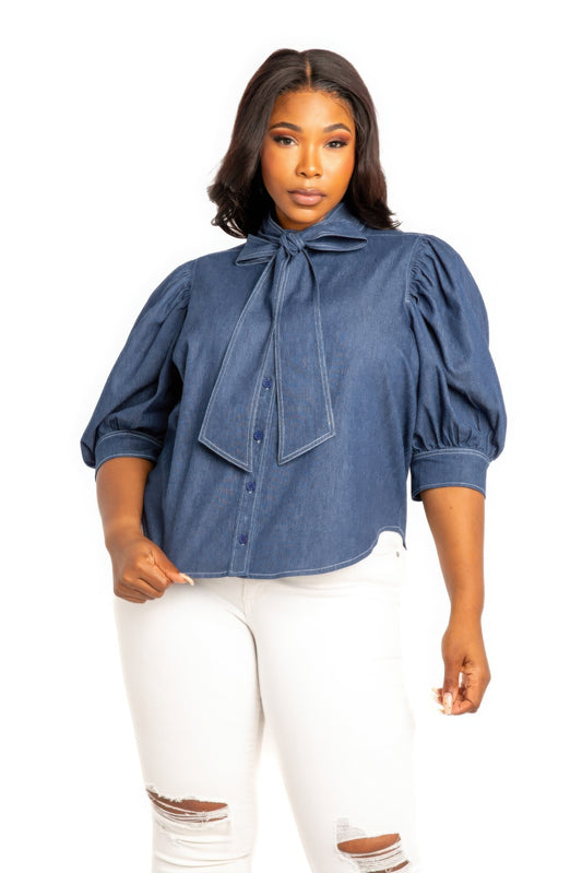 Washed denim puff sleeve blouse with tie - AV Fashion’s