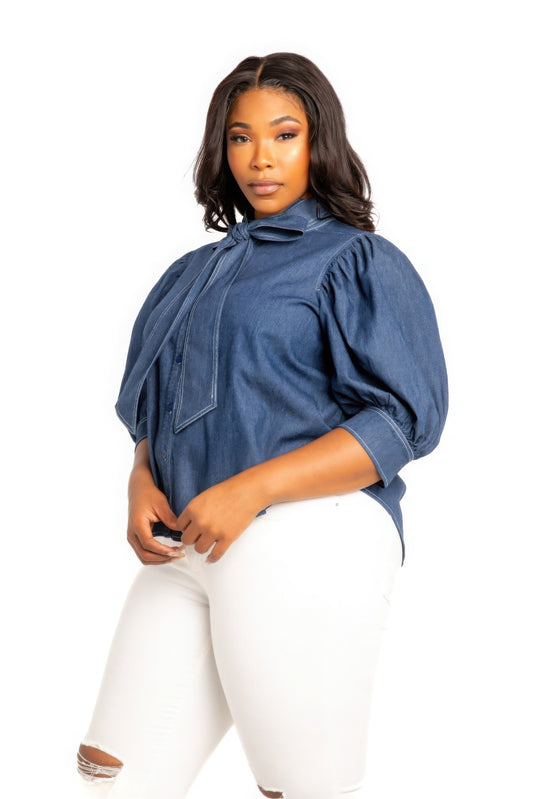 Washed denim puff sleeve blouse with tie - AV Fashion’s