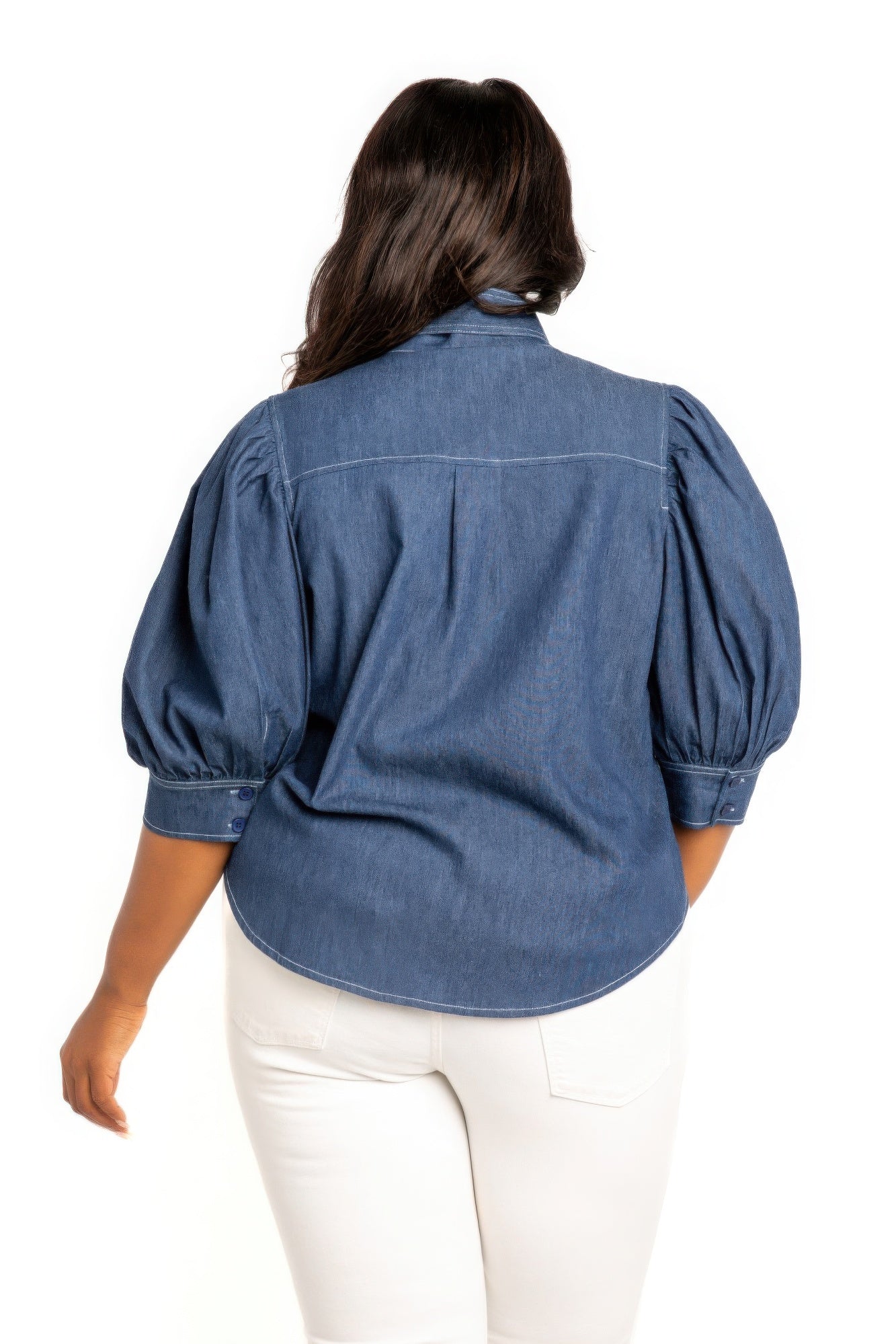 Washed denim puff sleeve blouse with tie - AV Fashion’s