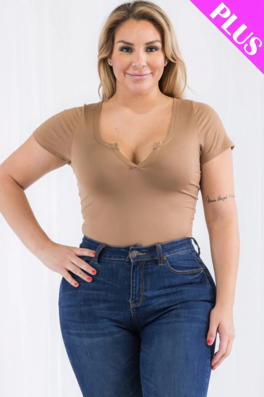 Plus Size Casual Split Neck Solid Short Sleeve Bodysuit - AV Fashion’s